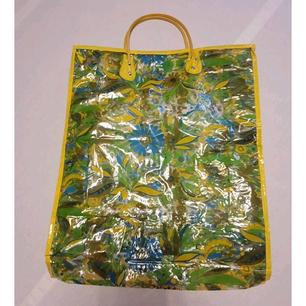 Yellow Floral Vinyl Plastic Waterproof Shopping Tote Bag Vintage 1960s/1970s